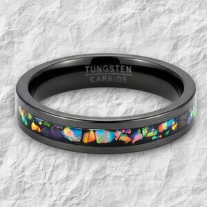 Black Tungsten Carbide Ring with Rainbow Opal Inlay - 6mm Width - Men’s & Women